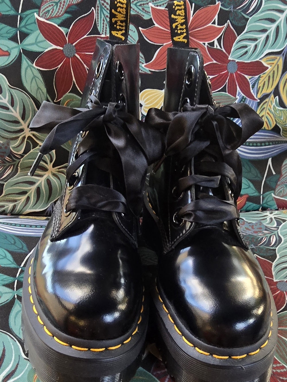 Dr. Martens Black Patent Platform Combat Boots with Satin Laces